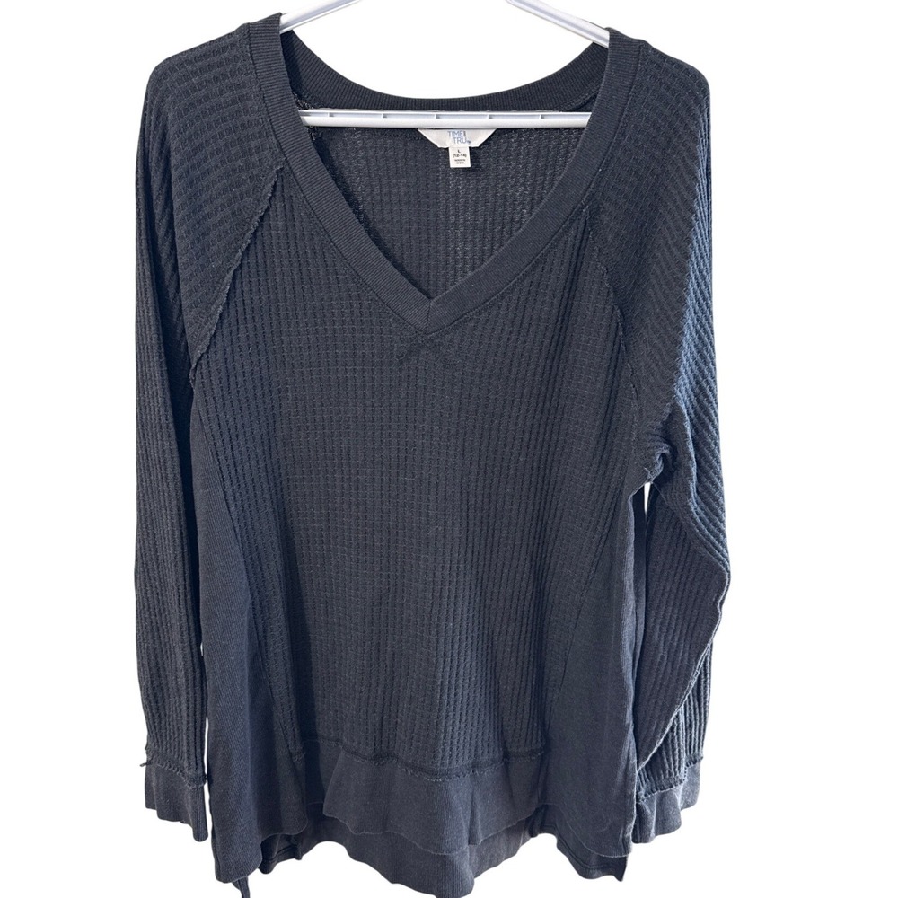 Time and Tru Womens Gray Waffle Knit V-Neck Thermal Top Large 12-14